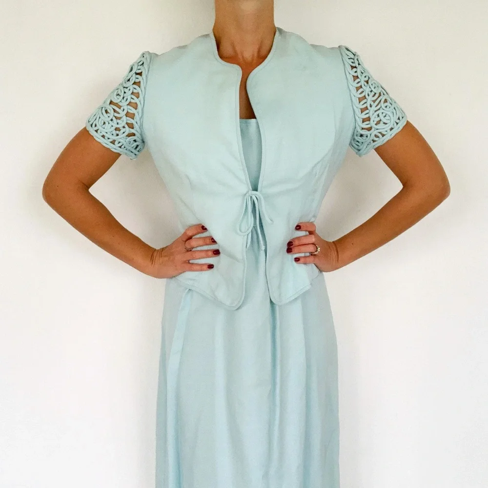 Vintage Anne Fogarty blue matching dress and jacket set size small